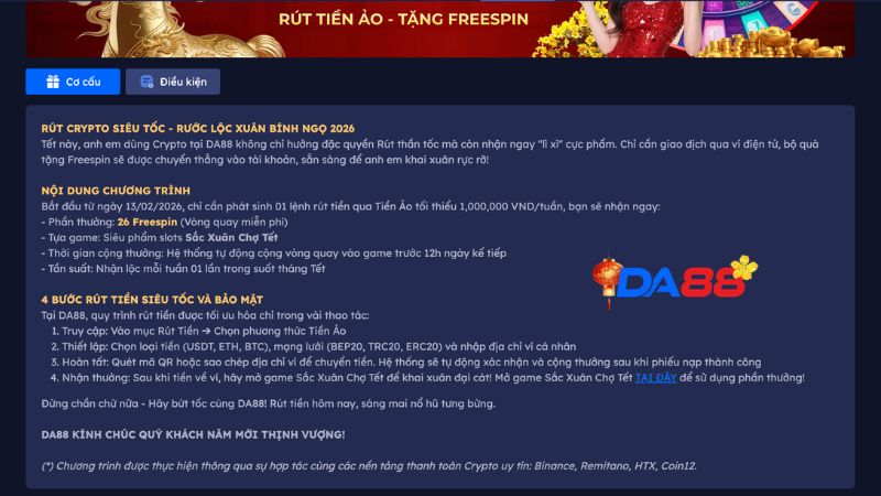 Rút Crypto DA88 - Nhận Ngay 26 Lượt Quay Miễn Phí Xuân Bính Ngọ 2026